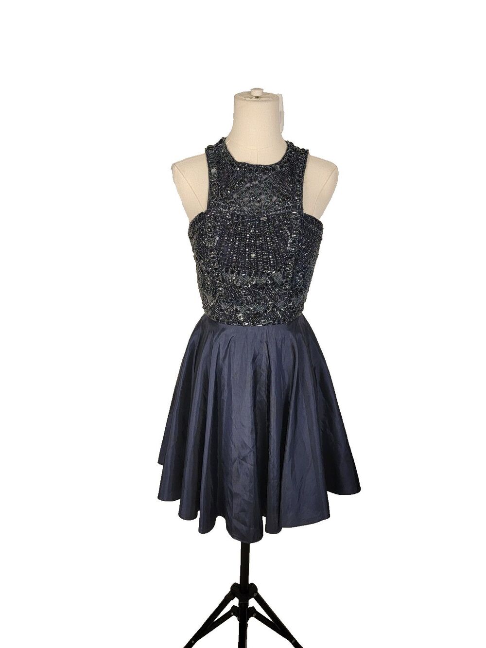 Sherri Hill 51302 Blue Beaded Sequin Fit & Flare High Neck Lined Zip Dress 6